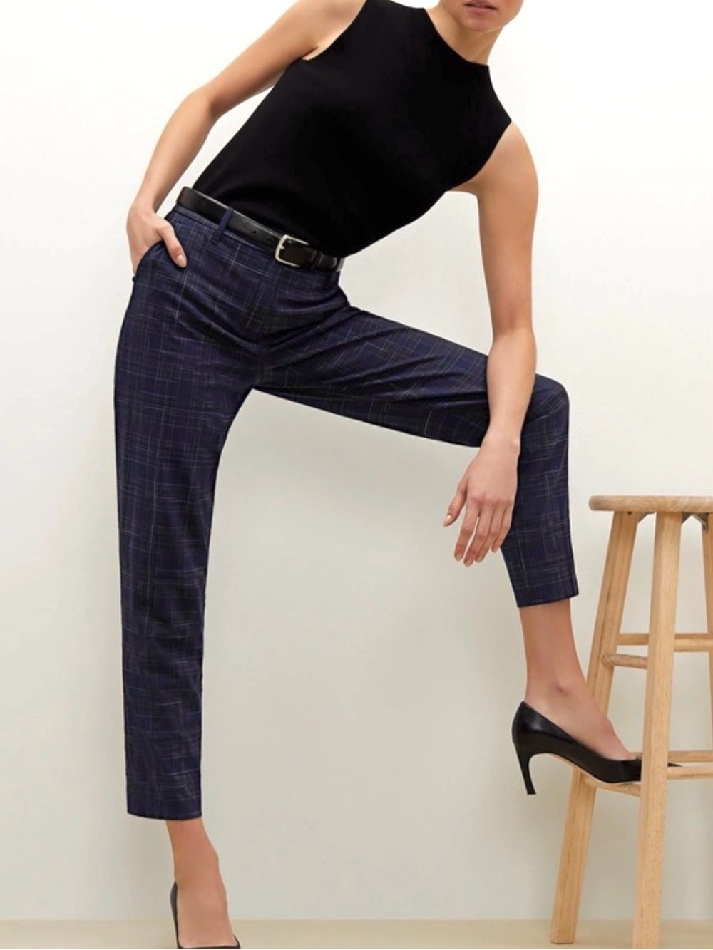 Mm Lafleur Majia Wool Tapered Leg Pants Blue Plaid